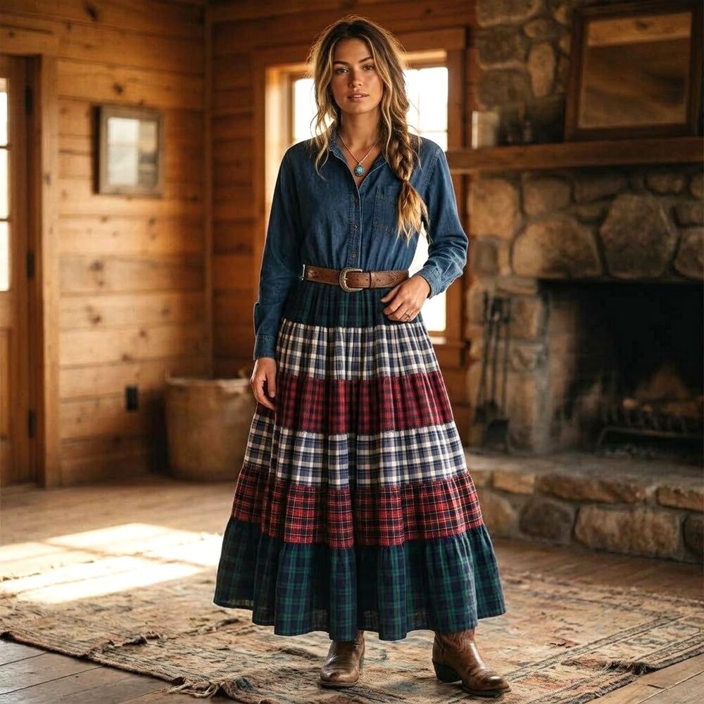Robbie Bee Denim Plaid Flannel Western Prarie Maxi Dress Size S VTG Cottagecore